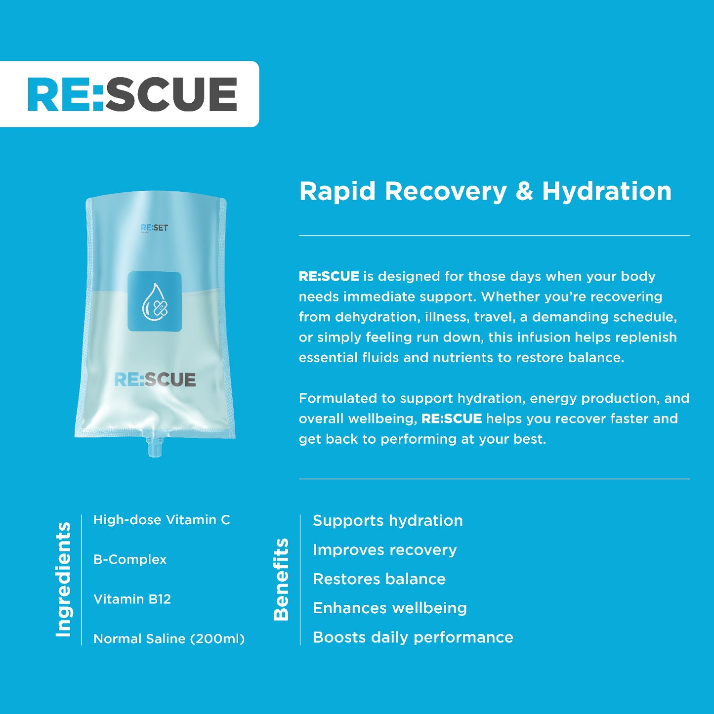 RE:SCUE rapid recovery and hydration product on a blue background with text and branding.