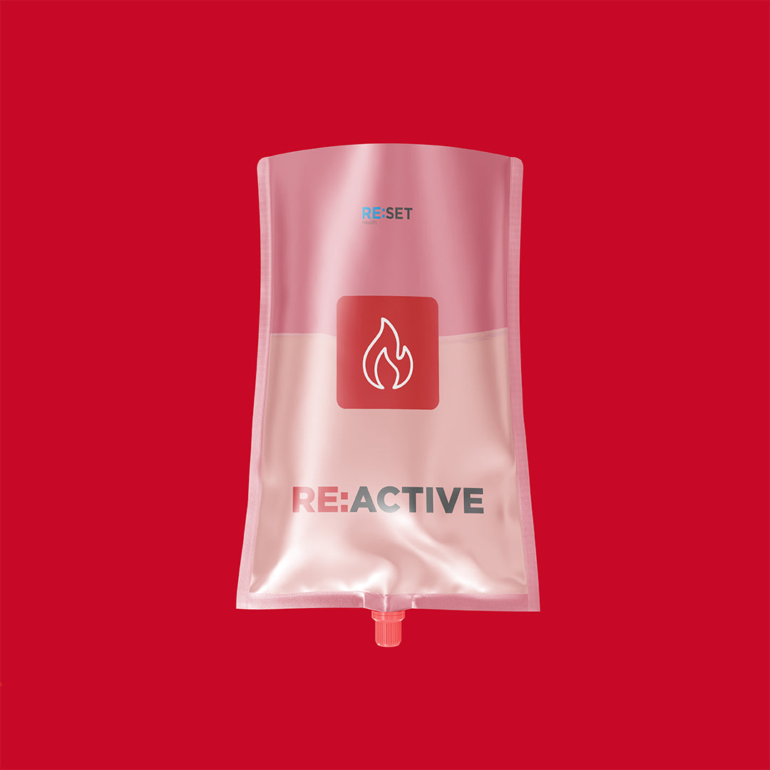 Red IV bag with 'RE:ACTIVE' branding on a red background