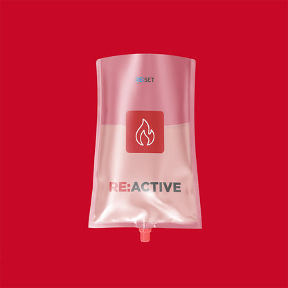 Red IV bag with 'RE:ACTIVE' branding on a red background