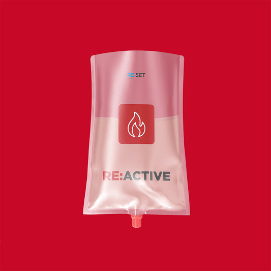 Red IV bag with 'RE:ACTIVE' branding on a red background