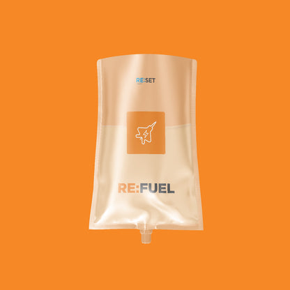 RE:CHARGE wellness infusion package on an orange background with text about its benefits and ingredients.