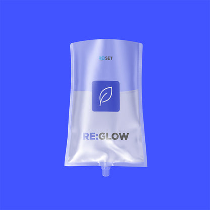 Purple IV bag with 'RE:GLOW' branding on a purple background