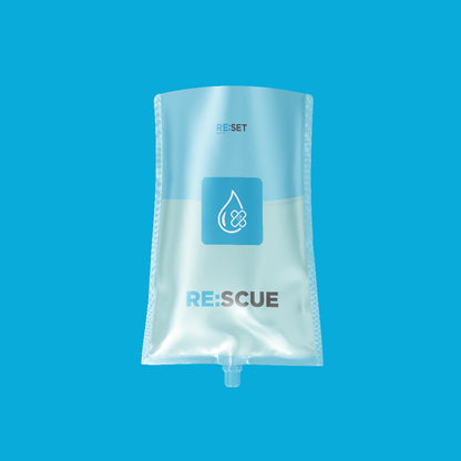 Blue IV bag with 'RE:SCUE' branding on a blue background