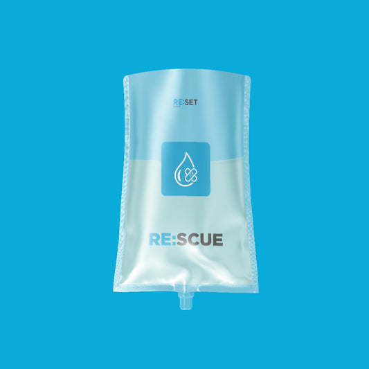 Blue IV bag with 'RE:SCUE' branding on a blue background