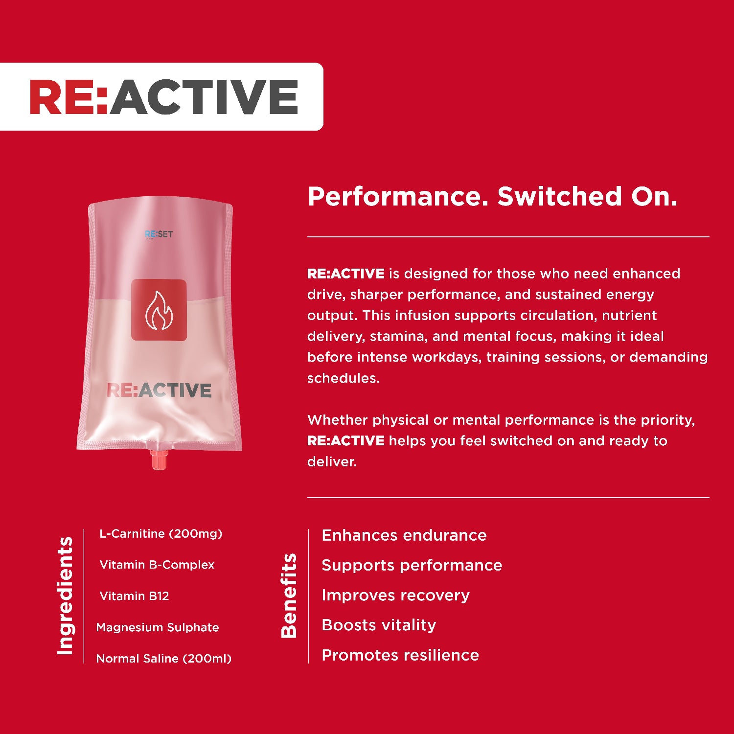 RE:ACTIVE product packaging on a red background with text about performance and ingredients.