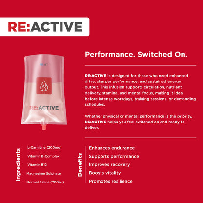 RE:ACTIVE product packaging on a red background with text about performance and ingredients.