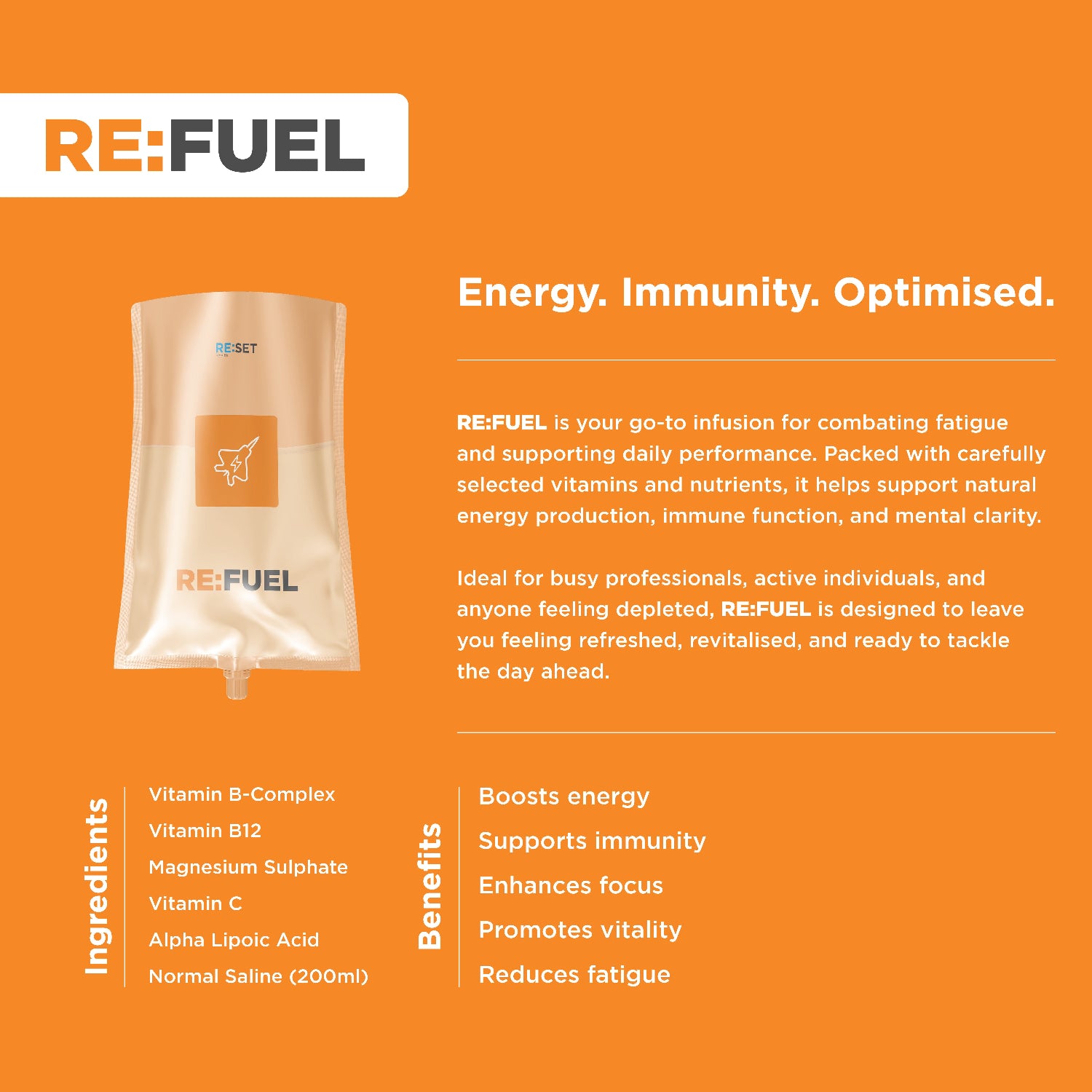 RE:FUEL product packaging on an orange background with text about energy, immunity, and optimization.