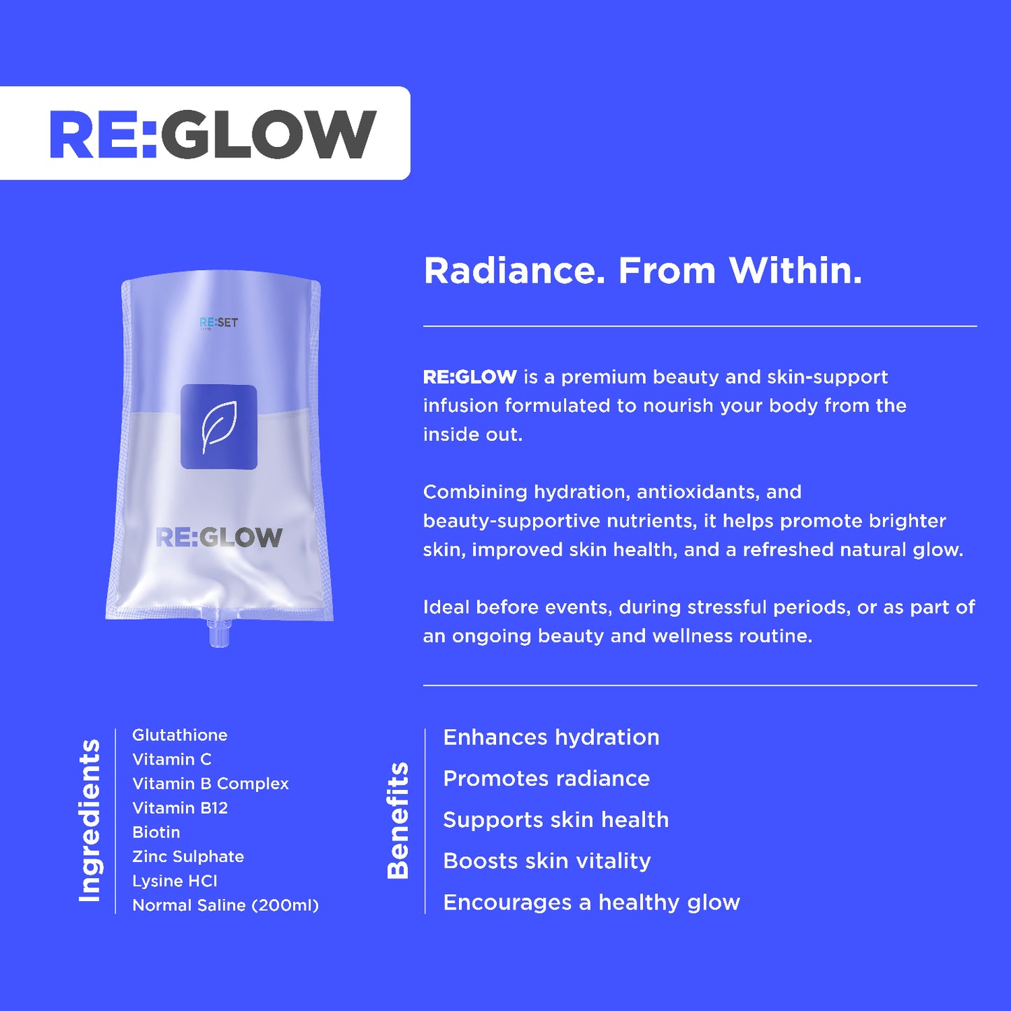 RE:GLOW product packaging with branding and product details on a blue background