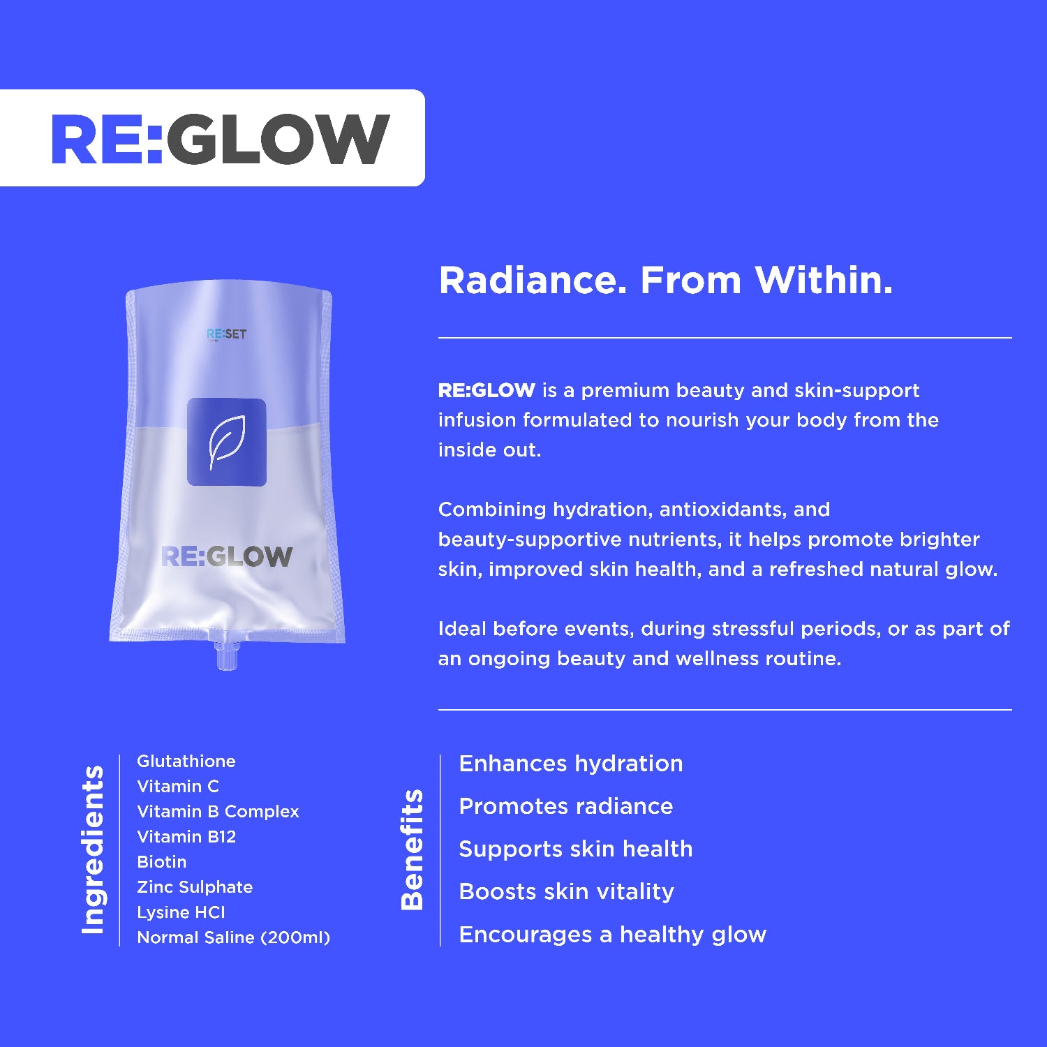 RE:GLOW product packaging with branding and product details on a blue background