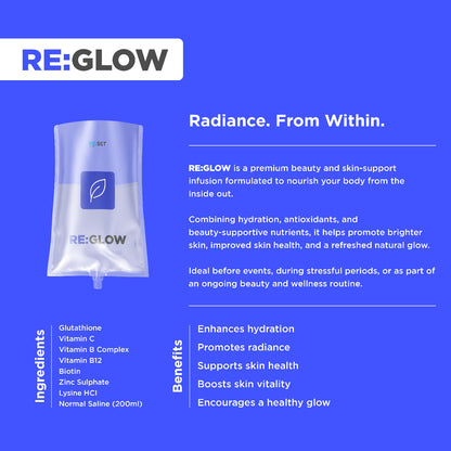 RE:GLOW product packaging with branding and product details on a blue background