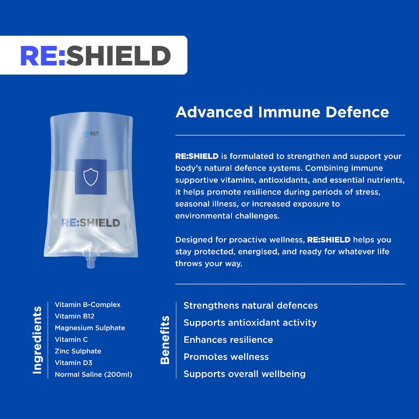 RE:SHIELD immune defense product packaging with text on a blue background
