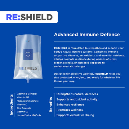 RE:SHIELD immune defense product packaging with text on a blue background