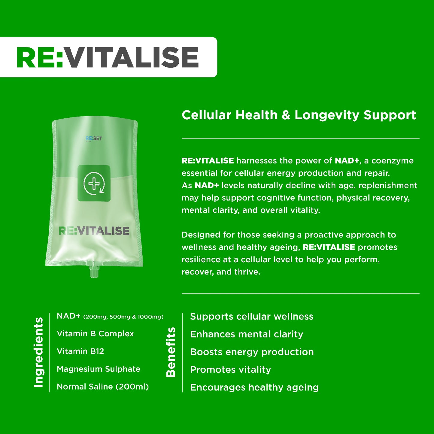 RE:VITALISE product packaging with text on a green background