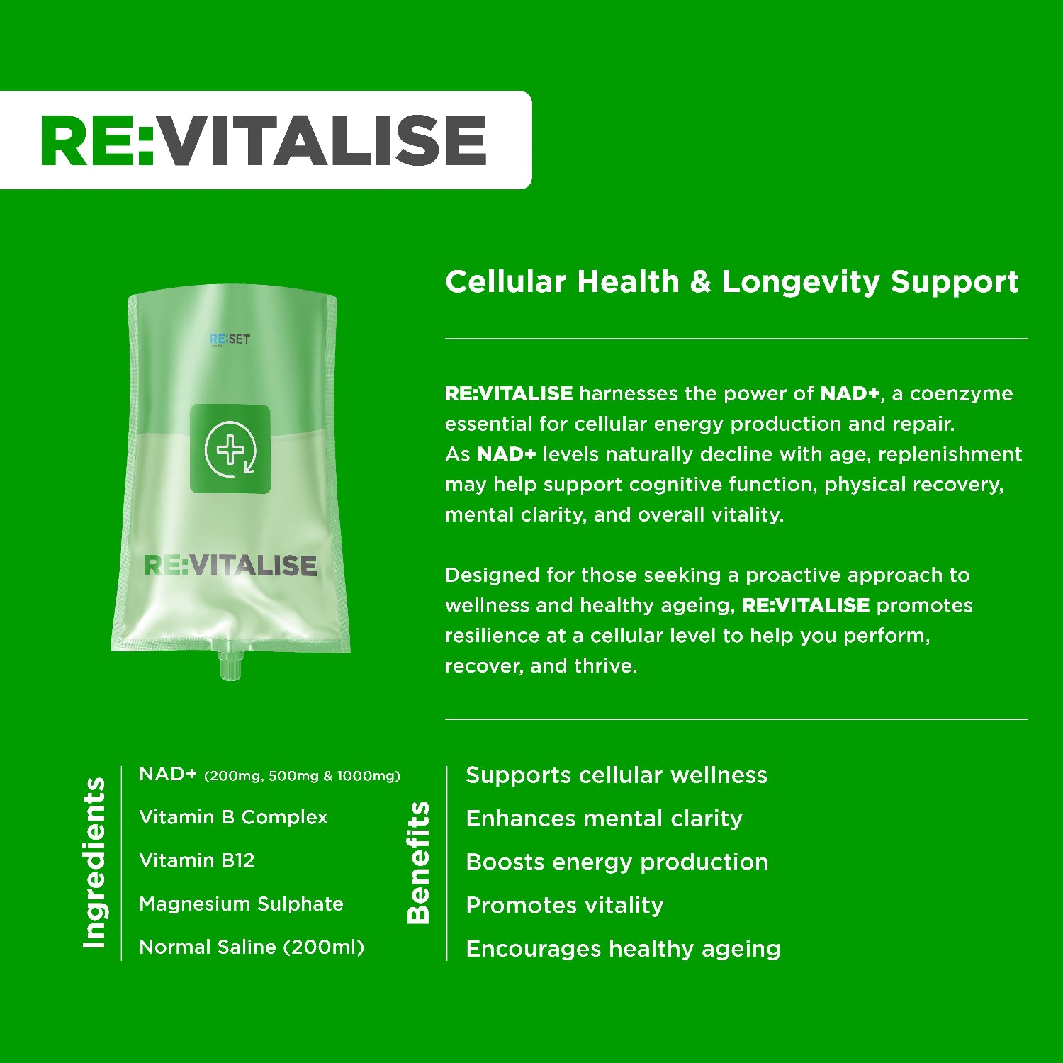 RE:VITALISE product packaging with text on a green background