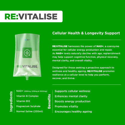 RE:VITALISE product packaging with text on a green background